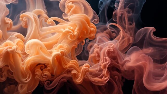 Peach and coral abstract fluid swirls of ink in water on dark background with intricate curly patterns and organic smoke shapes.