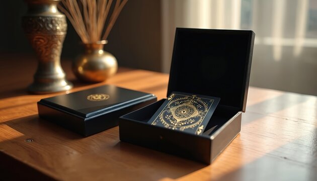 Ornate playing card with gold pattern sits in open black box. Closed box and vases on wooden table. Luxurious gift set for game or divination.
