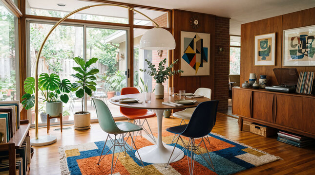 Stylish Mid-Century Modern Dining Room Interior with Retro Decor and Colorful Eames Chairs