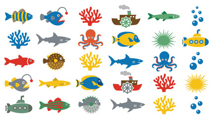 Naklejka premium Sea life color vector icons with tropical fish and marine animals