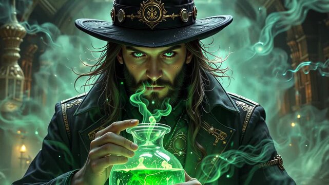 Caucasian male wizard with long hair and beard wearing black wide brimmed hat holding glass flask with glowing green potion inside ornate gothic interior surrounded by swirling mystical green smoke.