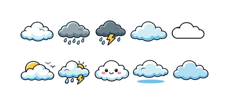 Collection of cute cartoon weather icons showing different cloud types and conditions