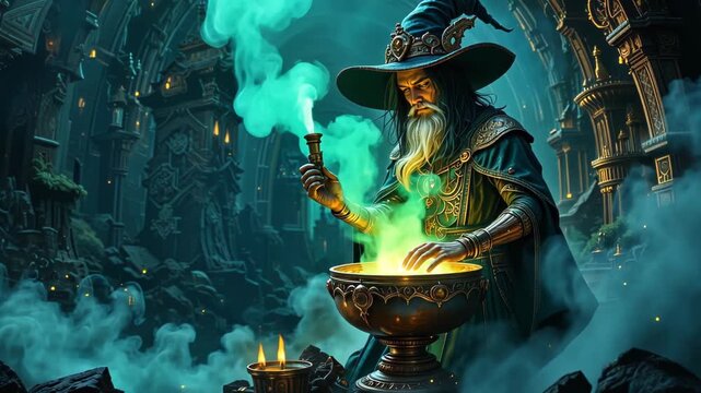 Sorcerer wearing traditional pointed hat and ornate robes brewing mystical potion in golden cauldron within dark vaulted gothic chamber surrounded by glowing green magical energy and smoke.