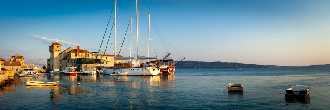 Croatia Kastel Gomilica 13K Ultra High Resolution Panorama Sunset at Medieval Kastilac Fortress Luxury Yachts and Traditional Fishing Boats Braavos Game of Thrones Filming Location . Fine art Print