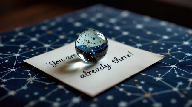 Glass sphere with internal star map on card with you are already there text. Celestial constellation pattern on blue fabric. Cosmic curiosity and discovery
