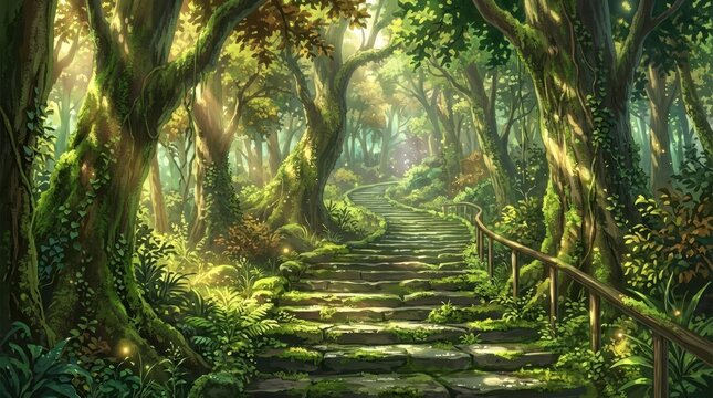 Enchanting forest pathway with sunlight filtering through lush trees