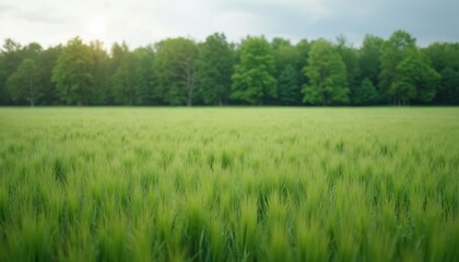 Obraz premium Vast green field under soft sky with sun rays. Rich trees border the expansive meadow. Peaceful rural landscape evokes nature serenity and calm outdoor environment.