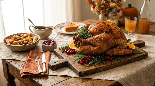 Thanksgiving turkey dinner with sides on rustic wooden table