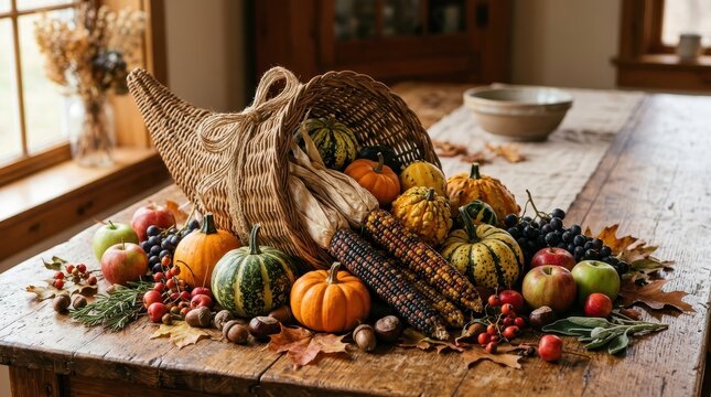 Rustic autumn cornucopia with pumpkins and fruits on wooden table