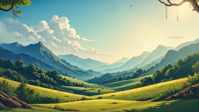 Peaceful mountain valley landscape with rolling green meadows and vibrant wildflowers framed by two large deciduous trees under a sunny sky with fluffy white clouds.