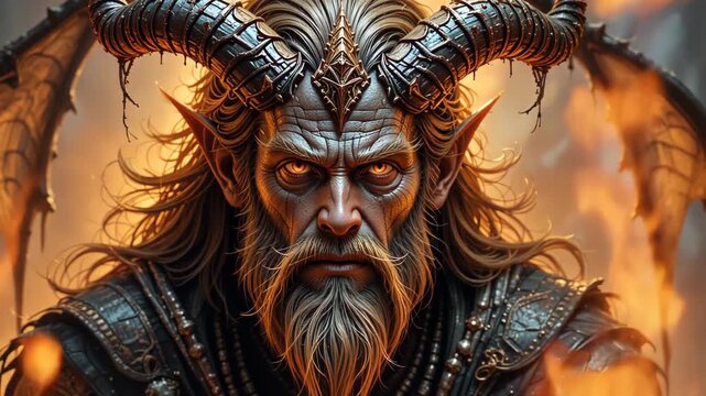 Powerful demon lord with large curved horns, glowing orange eyes, and long hair wearing ornate dark armor with leathery wings in a fiery hellscape setting