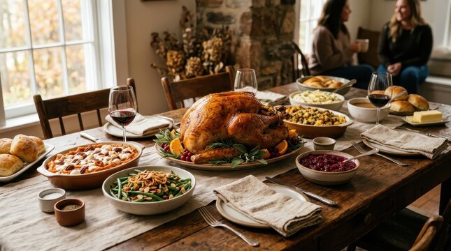 Traditional Thanksgiving Dinner Spread on Rustic Wooden Table