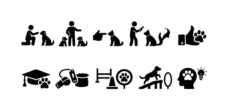 Collection of dog training and obedience icons representing various commands and activities