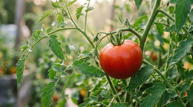 Ripe red tomato growing on vine in a sunny garden