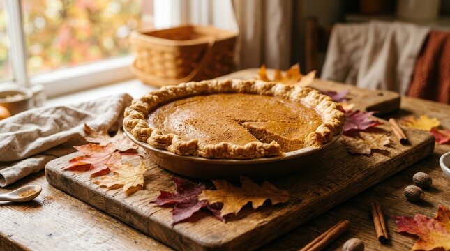 Homemade pumpkin pie on rustic table with autumn leaves and cozy decor