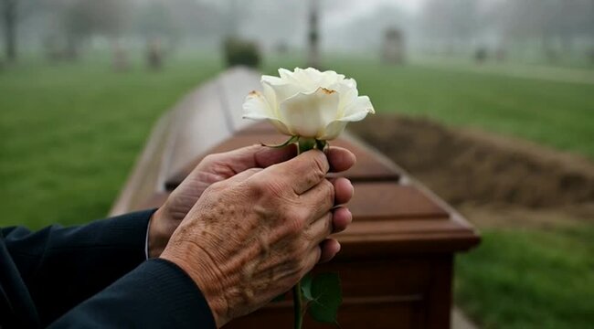 Close up of elderly hands holding a single white rose at a funeral service with a wooden casket in the background at a cemetery