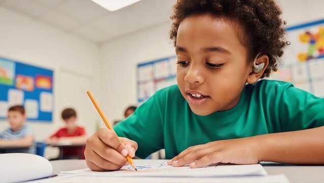 Young African American boy with cochlear implant drawing in classroom. Inclusive education and disability concept