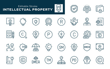 Intellectual property line icon set. Copyright, law, trademark, registered, service mark, invention, patent, public domain, DMCA, protection and more. Outline icon in linear style. Vector collection. 