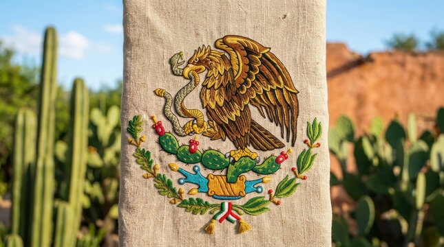 Mexican flag emblem with eagle in desert landscape setting