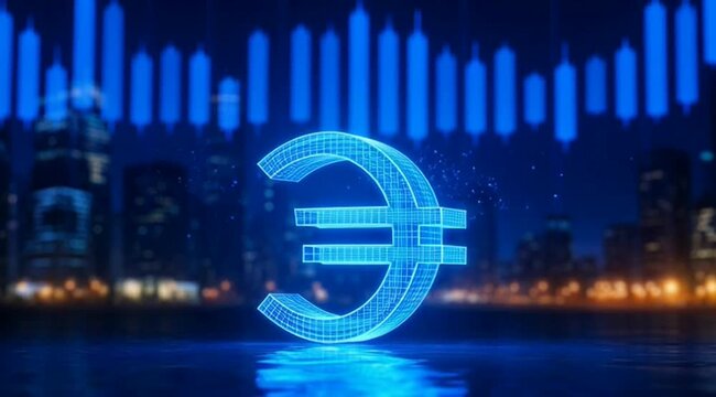 Glowing blue digital euro currency symbol rotating against a futuristic financial stock market background with rising