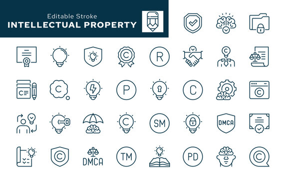 Intellectual property line icon set. Copyright, law, trademark, registered, service mark, invention, patent, public domain, DMCA, protection and more. Outline icon in linear style. Vector collection.	