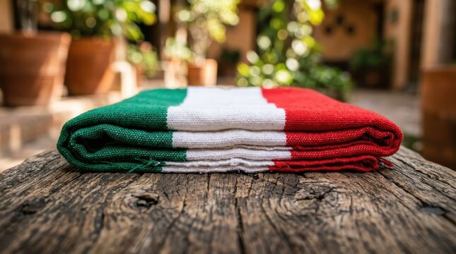 Folded Italian flag resting on rustic wooden table outdoors