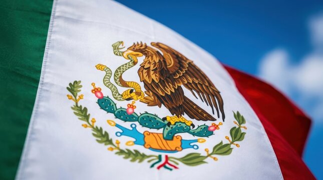 Mexican flag waving against a clear blue sky background