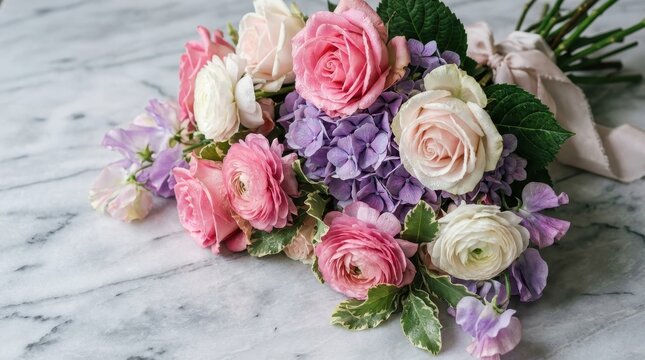 Elegant bouquet of pink roses and hydrangeas on marble surface