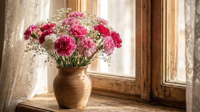 Rustic vase with pink and red flowers on a windowsill