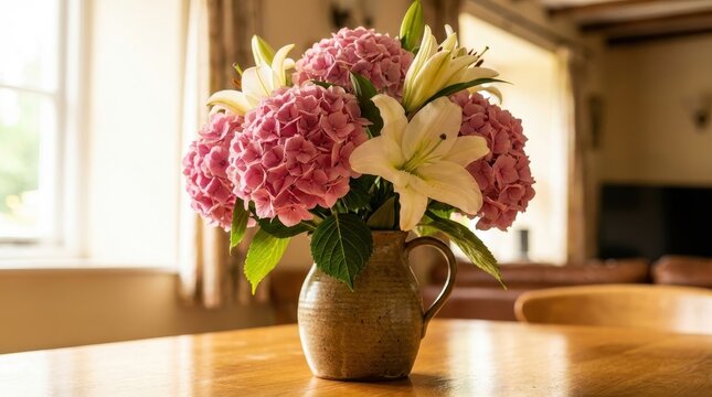 Rustic flower arrangement with hydrangeas and lilies in cozy home setting