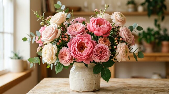 Elegant bouquet of pink and white roses in a ceramic vase