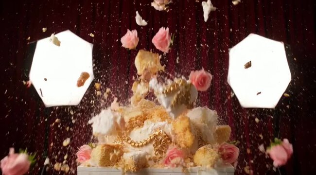 Multi-tiered wedding cake exploding with golden confetti and glitter in a studio setting with dramatic lighting and deep red