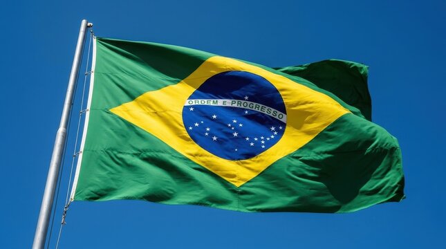Brazilian national flag waving against clear blue sky