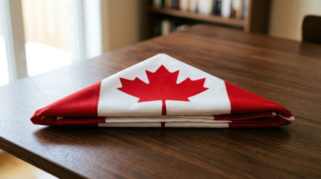 Folded Canadian flag on wooden table in bright room
