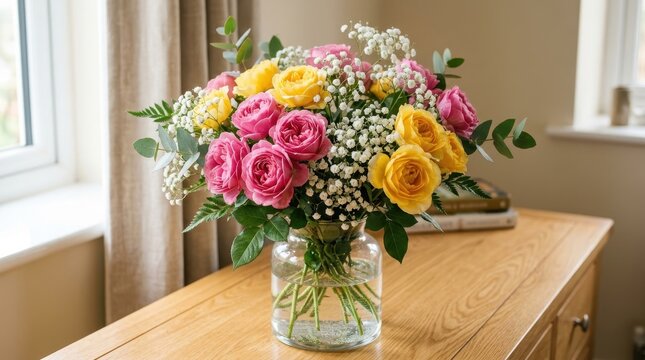 Vibrant bouquet of pink and yellow roses in a glass vase on wooden table