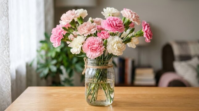 Beautiful pink and white carnations in a glass jar on wooden table