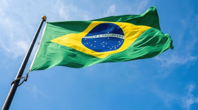 Brazilian national flag waving against a clear blue sky