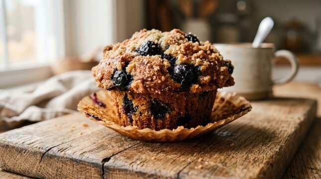Freshly baked blueberry muffin on rustic wooden table in cozy kitchen