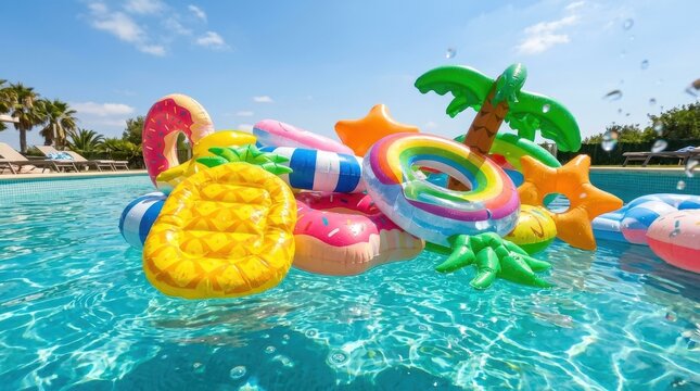 Colorful inflatable pool toys floating in a sunny outdoor swimming pool