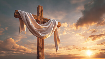 Fototapeta na wymiar Wooden Christian Cross with White Cloth at Sunrise as Symbol of Resurrection