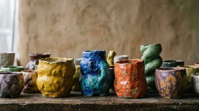 Colorful handmade ceramic pots on rustic wooden table