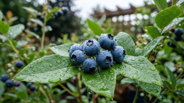 Fresh blueberries with water droplets on green leaves in garden