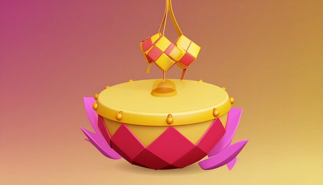3D origami ketupat and beduk drum floating on lotus for Eid celebration