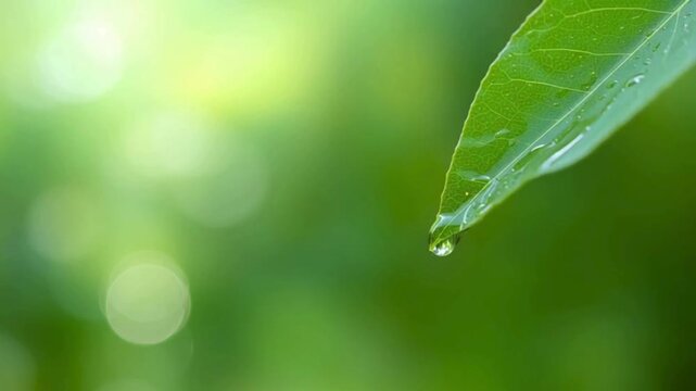 葉先から滴る水滴と自然の循環・サステナブルを象徴する環境背景動画素材