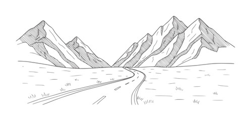 Fototapeta premium Winding road through a valley with jagged mountains in a style landscape nature