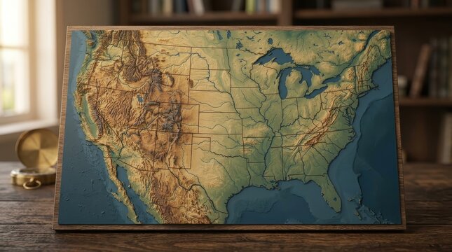 Vintage topographic map of the United States on wooden table