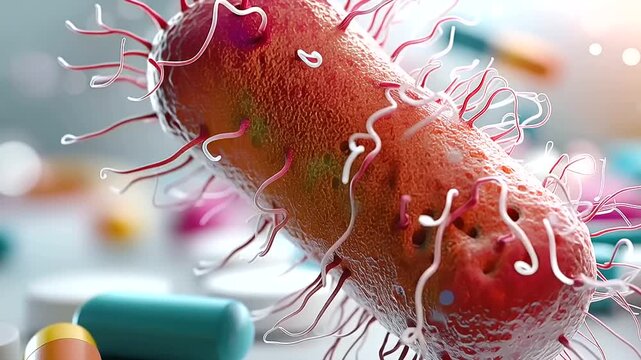 Abstract 3D render of an antibiotic resistant superbug bacterium rendered in vivid photorealistic style the large detailed bacterium cell positioned prominently above small