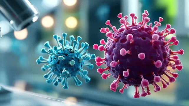 Abstract 3D visualization of viruses and bacteria in a vivid bright modern laboratory illustration multiple microorganism types in extraordinary detail defocused clean bright