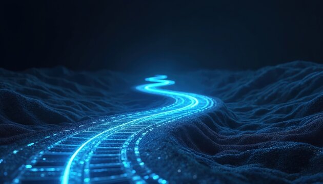 Abstract digital pathway glows neon blue through dark terrain. Winding road curves into unknown future, suggesting innovation and tech progress. Futuristic journey ahead on this abstract digital path.