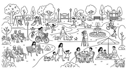 Fototapeta premium Black and white outline drawing of people in sunny city park